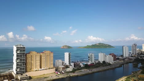 establishing shot of the skyscrapers in a bay city latin america
