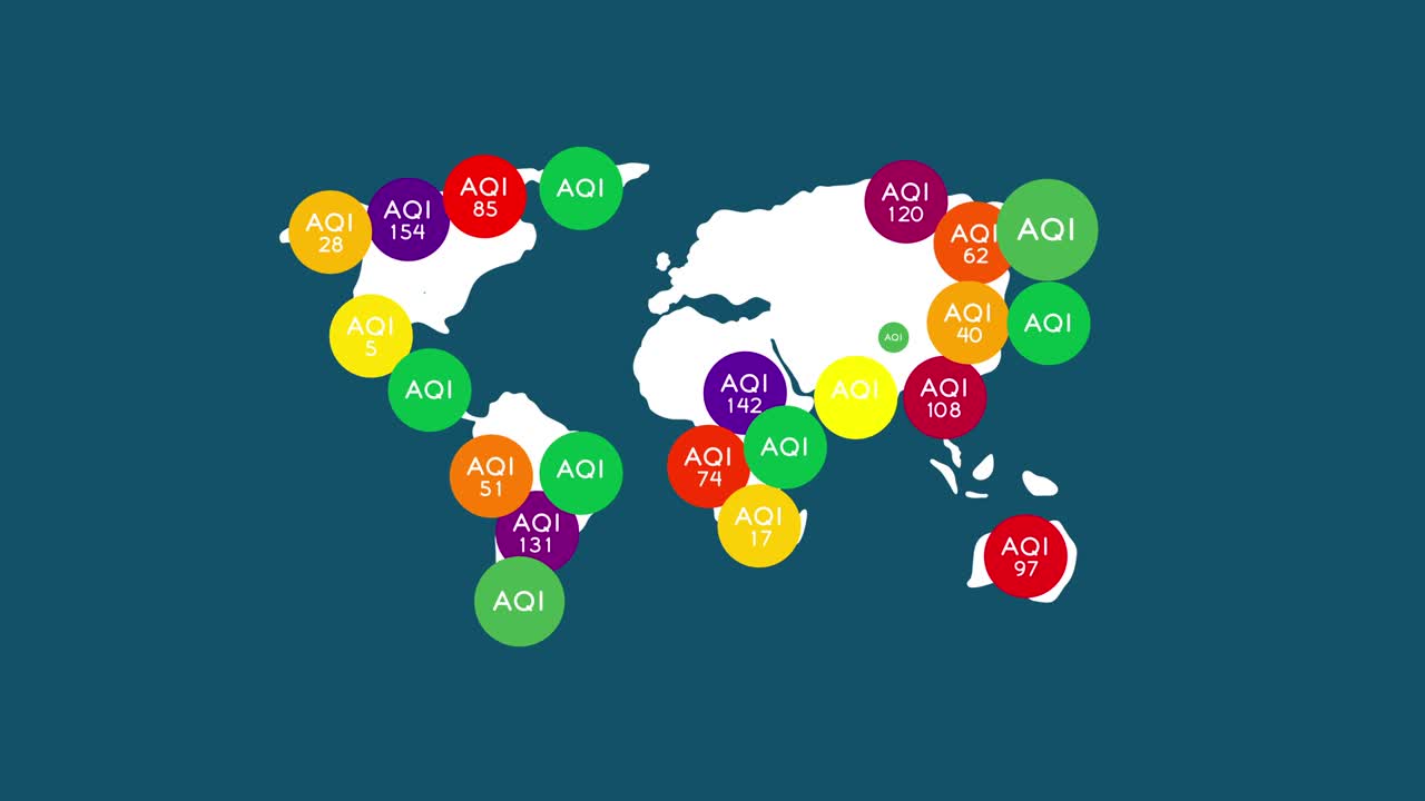 aqi 기호는 세계 지도에서 0에서 300+로 어 나옵니다. 오염 먼지 pm 2.5 문제, 파란색 배경에 개념 디자인, 매트 알파 채널과 함께 4k 원활한 루핑 애니메이션.