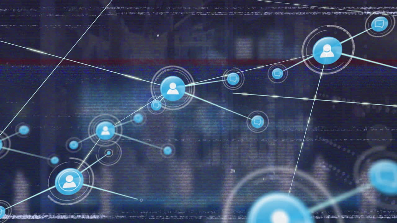 Animation of glitch effect over network of profile icons against computer server room