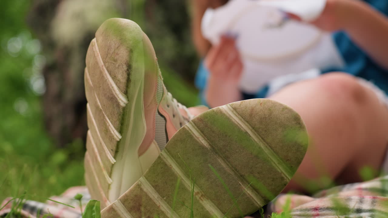 Close up of woman legs resting on grass, dirty green soles of sneakers in focus, summer leisure atmosphere, blurred hands holding embroidery hoop