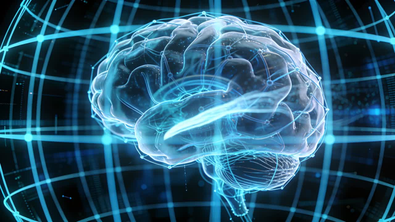 Sending comet-like energy streak activating 3D brain model in holographic sphere, linking nodes