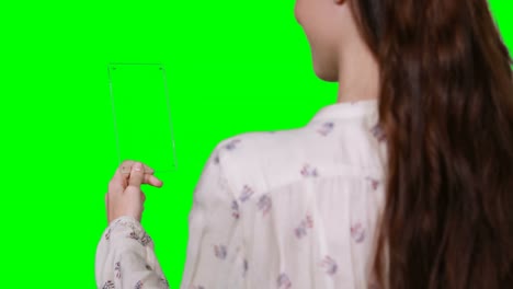 woman pretending to use digital tablet