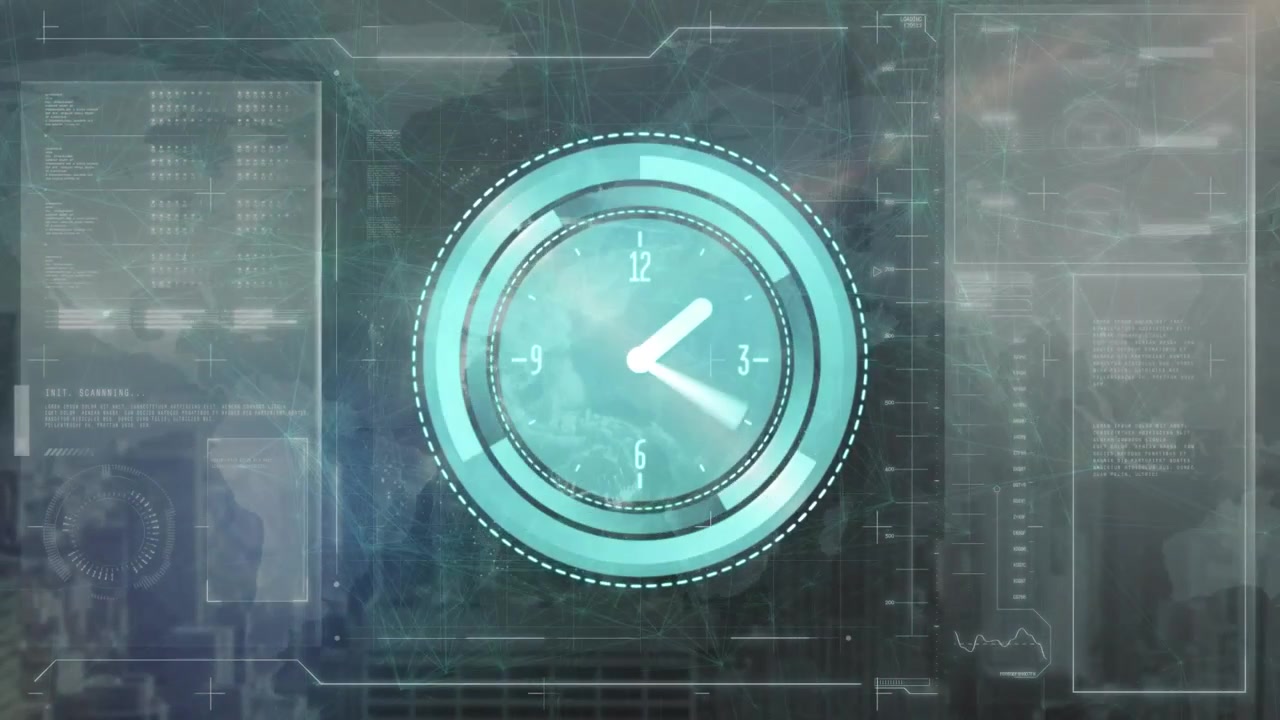 Animation of neon ticking clock over interface with data processing against spinning globe