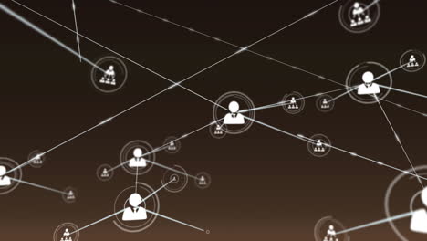 animation of network of digital icons against brown gradient background