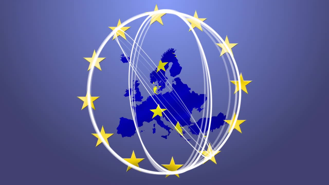 Animación de estrellas de la Unión Europea rodeando el mapa de Europa con líneas blancas dinámicas