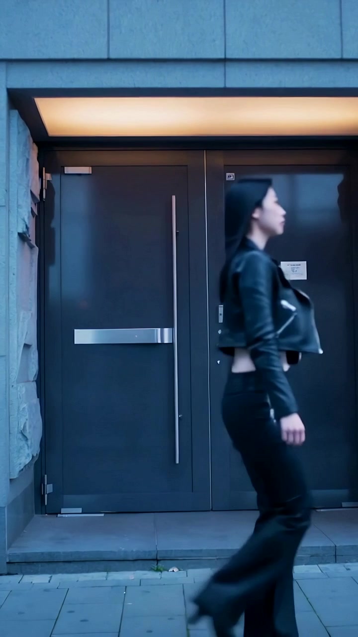Vertical video: Entering from left, woman in black coat walking briskly on sidewalk by double door