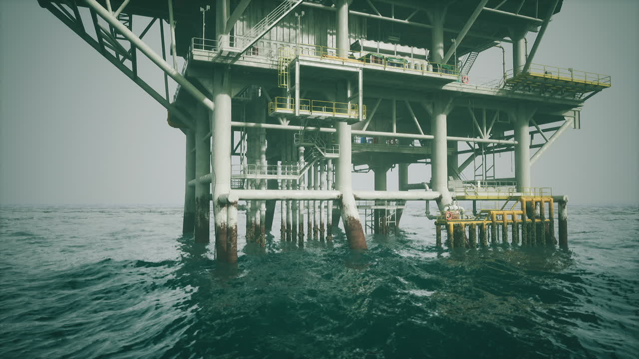 Old oil platform standing tall in open waters during overcast weather