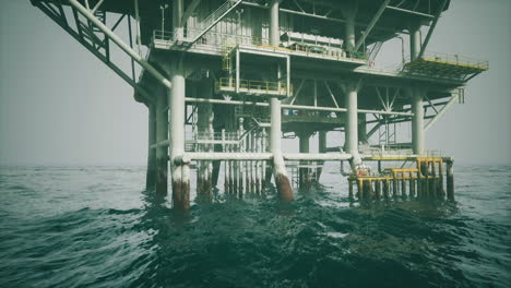 old oil platform standing tall in open waters during overcast weather