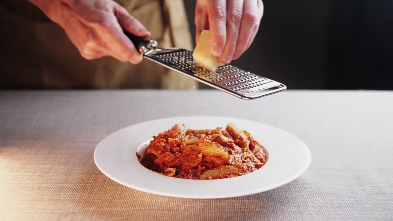 Chef Grating Cheese Over Pasta