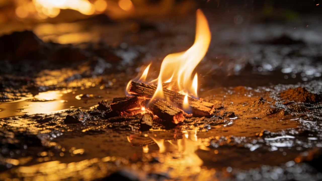 Glødende lille bunke optændingsbrænde fanger lys flamme fra gløder på vådt mudder, vandpytrefleksioner