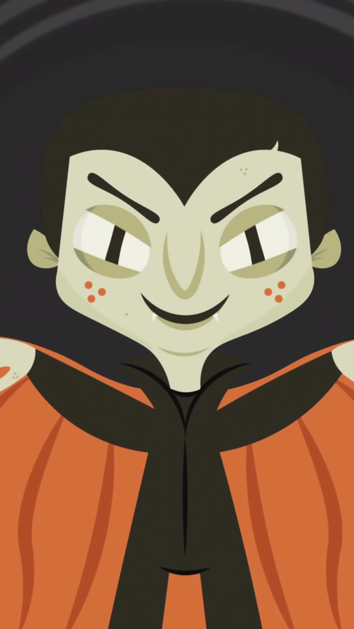 Animation eines Halloween-Vampirs und Kreise auf grauem Hintergrund