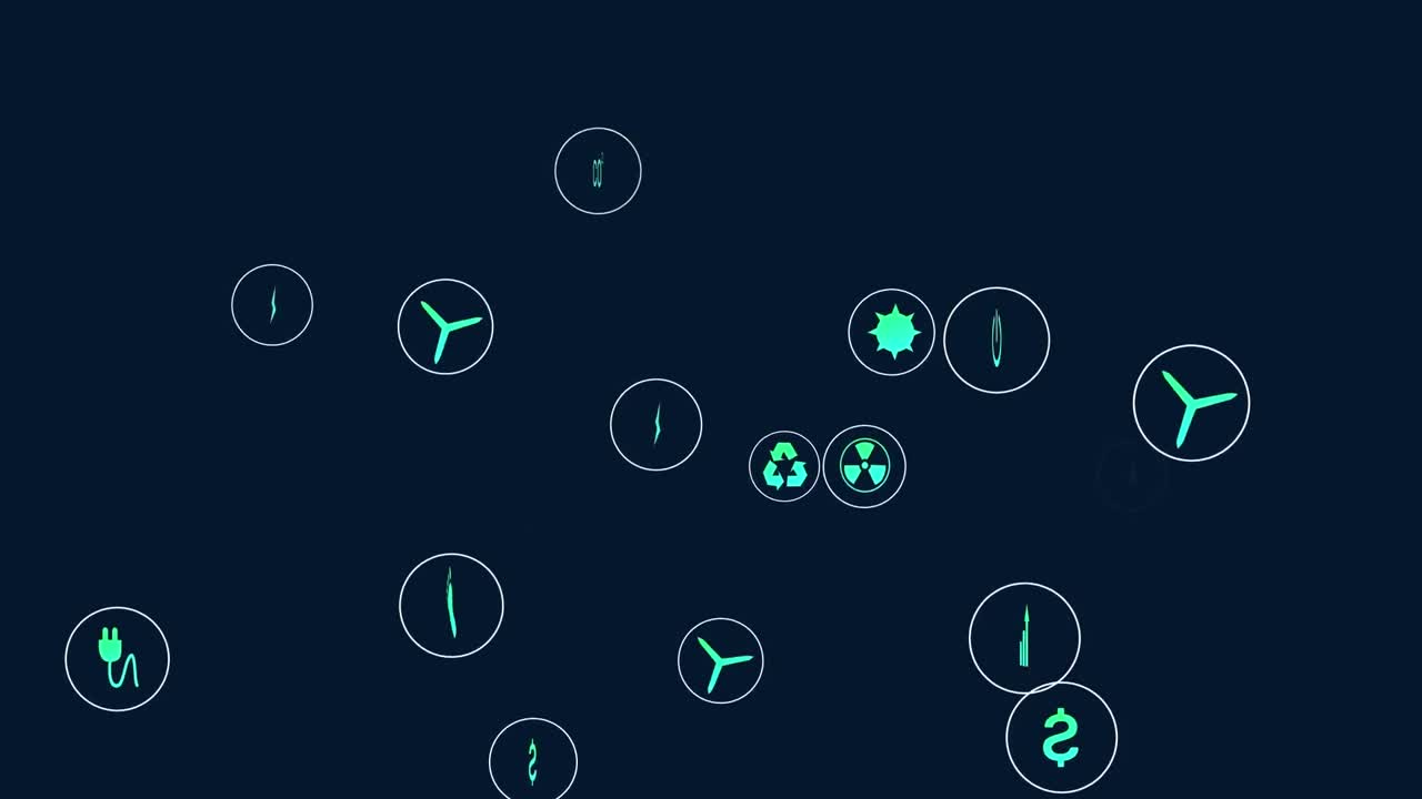 Animation of eco icons and computer data processing over dark background