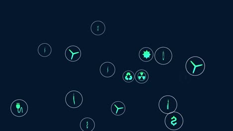 animation of eco icons and computer data processing over dark background