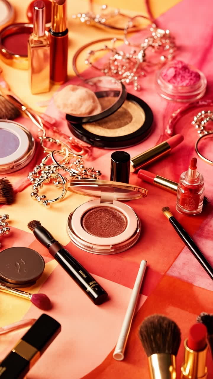 A vibrant collection of makeup and beauty products