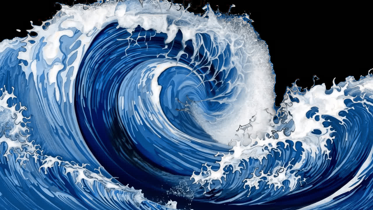 Vibrant ocean wave illustration animated overlay, transparent 4K video, alpha channel, ProRes 4444