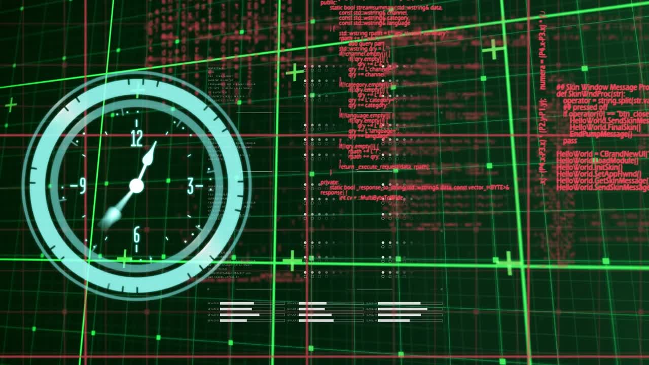 Animation of neon ticking clock and data processing over grid network against green background