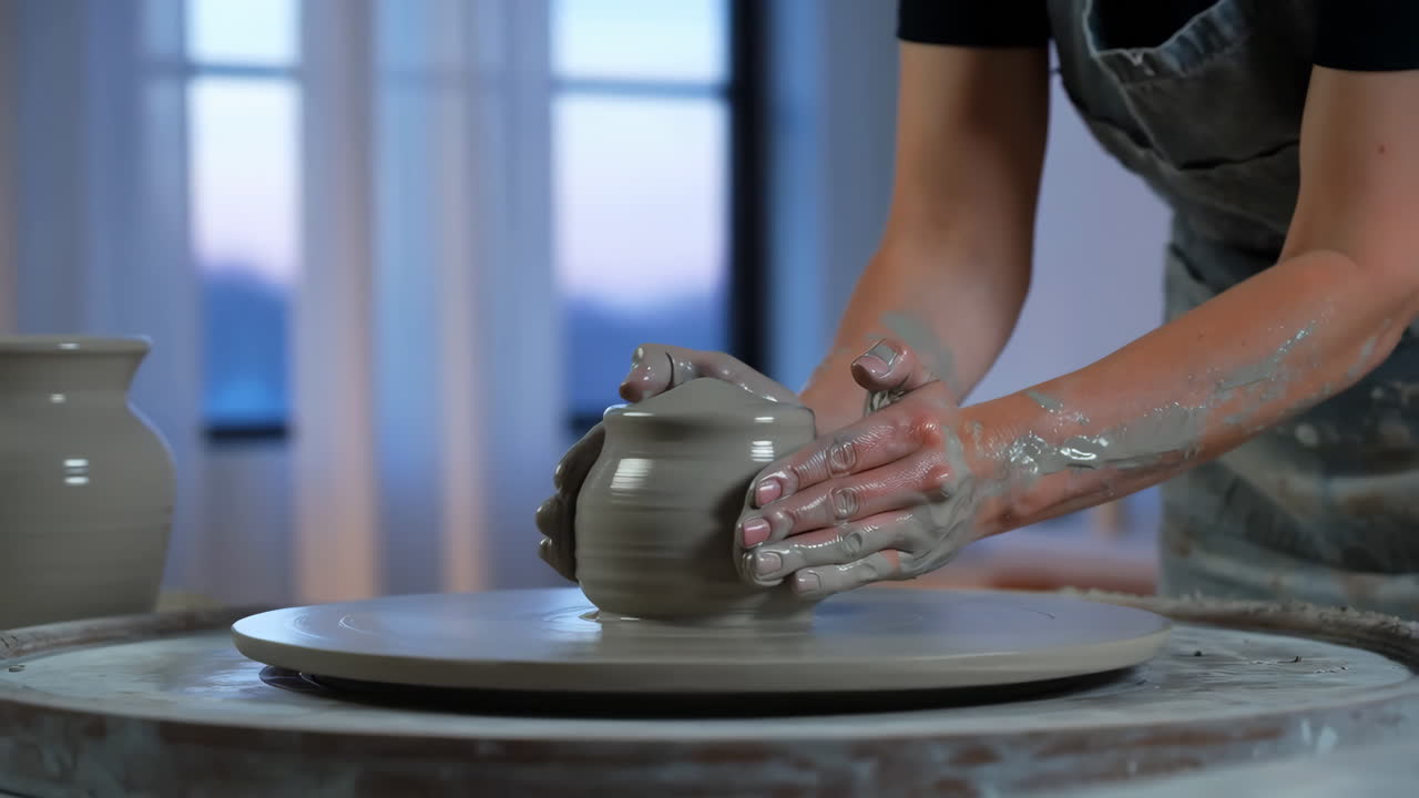 Hands Shaping Clay on a Potter's Wheel