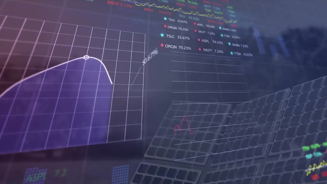 animazione di grafici, tavole di negoziazione e pannelli solari sopra gli alberi su uno sfondo astratto