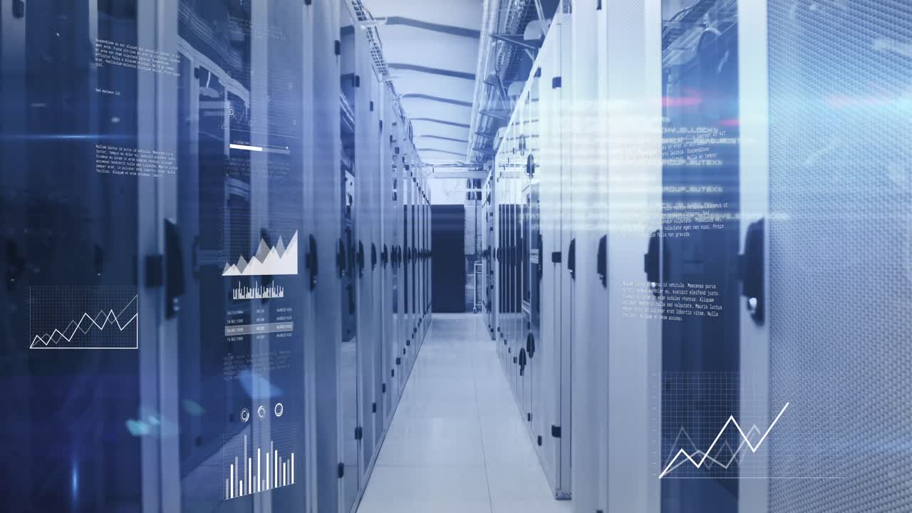 animación del procesamiento de datos y punto de luz contra la sala de servidores de computadoras