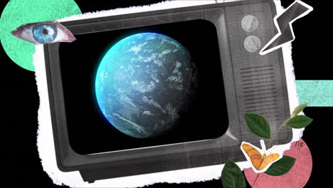 블랙 배경에 빈티지 tv와 글로브, 눈, 식물 및 플래시의 애니메이션