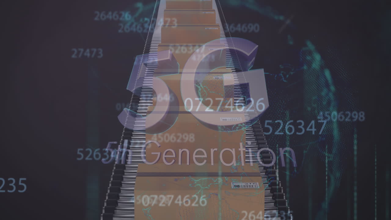 animación de números cambiantes y texto de 5g 5a generación sobre cajas de cartón en cinta transportadora
