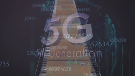 animación de números cambiantes y texto de 5g 5a generación sobre cajas de cartón en cinta transportadora