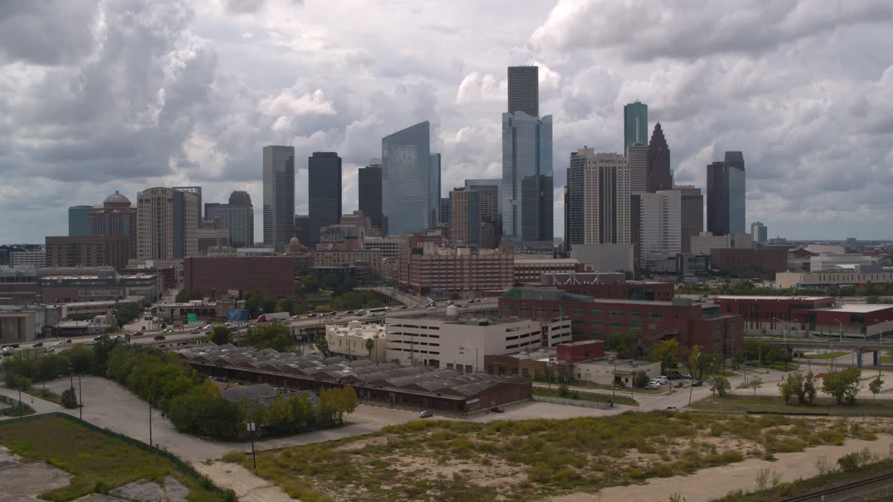 High angle 4k drone view of downtown Houston at sunset