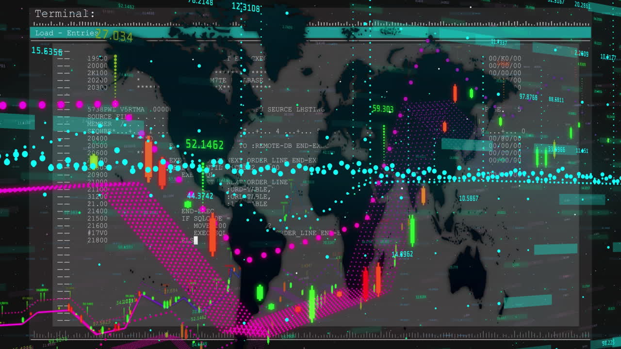 Global financial data and stock market analysis over world map animation