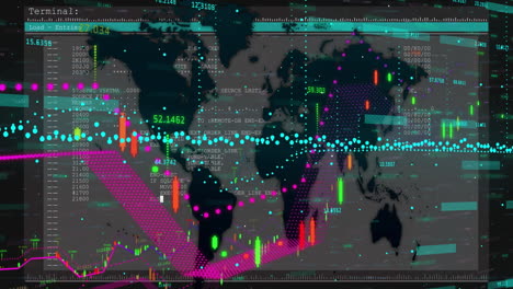 global financial data and stock market analysis over world map animation