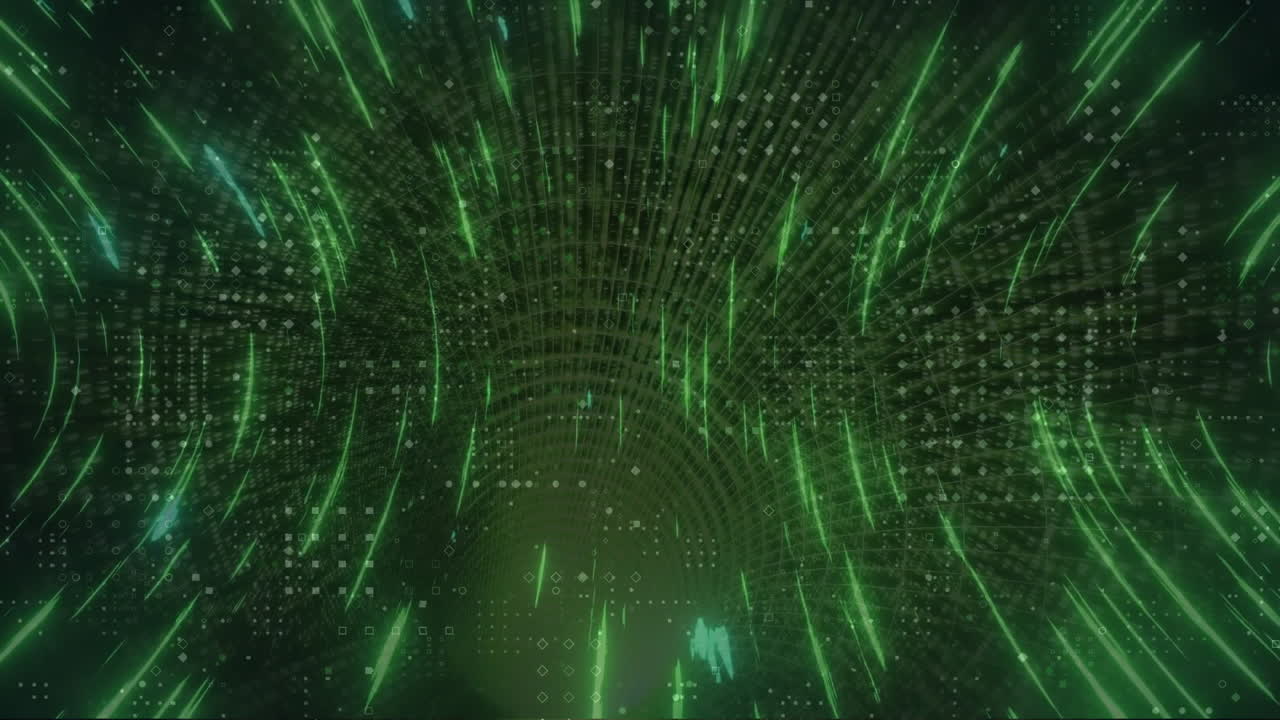 Animation of glowing green light trails moving over light spots on dark background