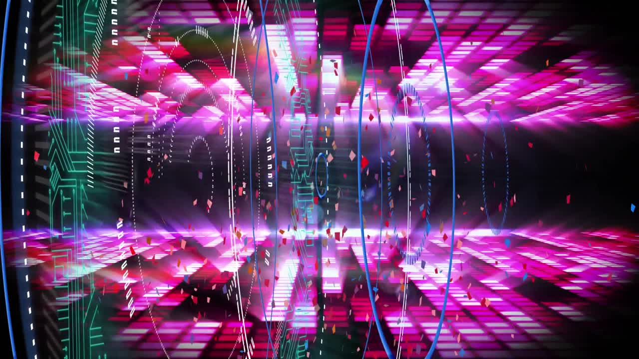 animación digital de confeti cayendo sobre escáneres redondos y ecualizador de música sobre fondo negro
