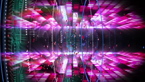 animación digital de confeti cayendo sobre escáneres redondos y ecualizador de música sobre fondo negro