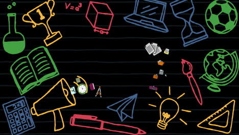animación de coloridos iconos de artículos escolares sobre un fondo negro