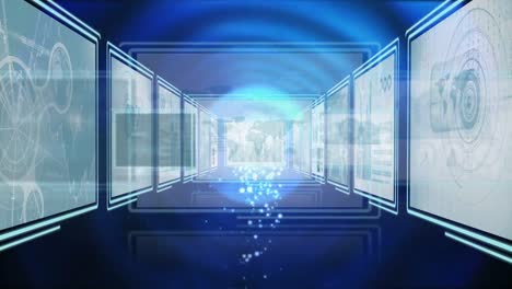 digital animation of flashing blue light moving through technology hall with screens 4k