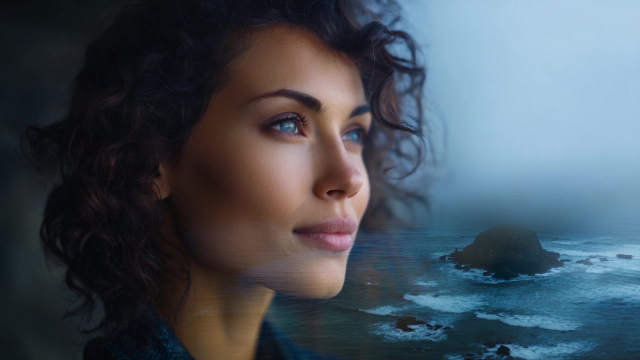 A Serene Portrait of a Woman Gazing at a Tranquil Seascape, Capturing the Beauty of Nature and Emotion in a Dreamy Atmosphere by the Ocean