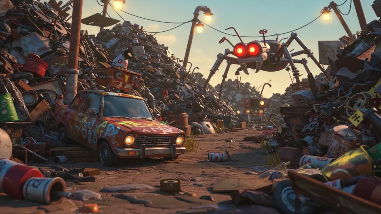 A Dystopian Landscape of Junk: A Colorful Car and a Mechanical Arachnid Amidst a Sea of Trash and debris, Illuminated by Dull Streetlights in a Chaotic Environment