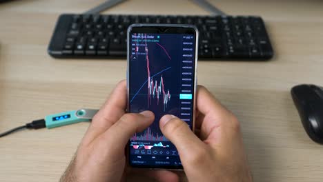 cryptocurrency trader checks bitcoin price on smartphone , close up