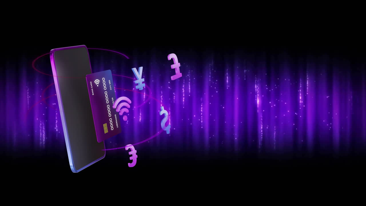 Animation of smartphone and credit card with currency icons over light trails on black background