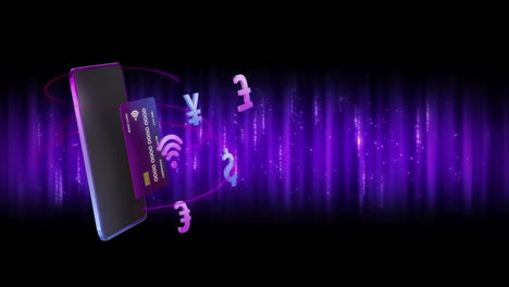 animation of smartphone and credit card with currency icons over light trails on black background