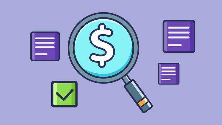 Magnifying Glass Searching for Financial Data and Currency Symbols