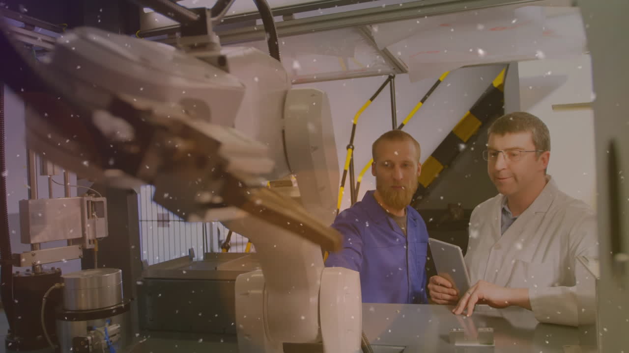 Animation of orange glowing spots over male scientist with robot and tablet