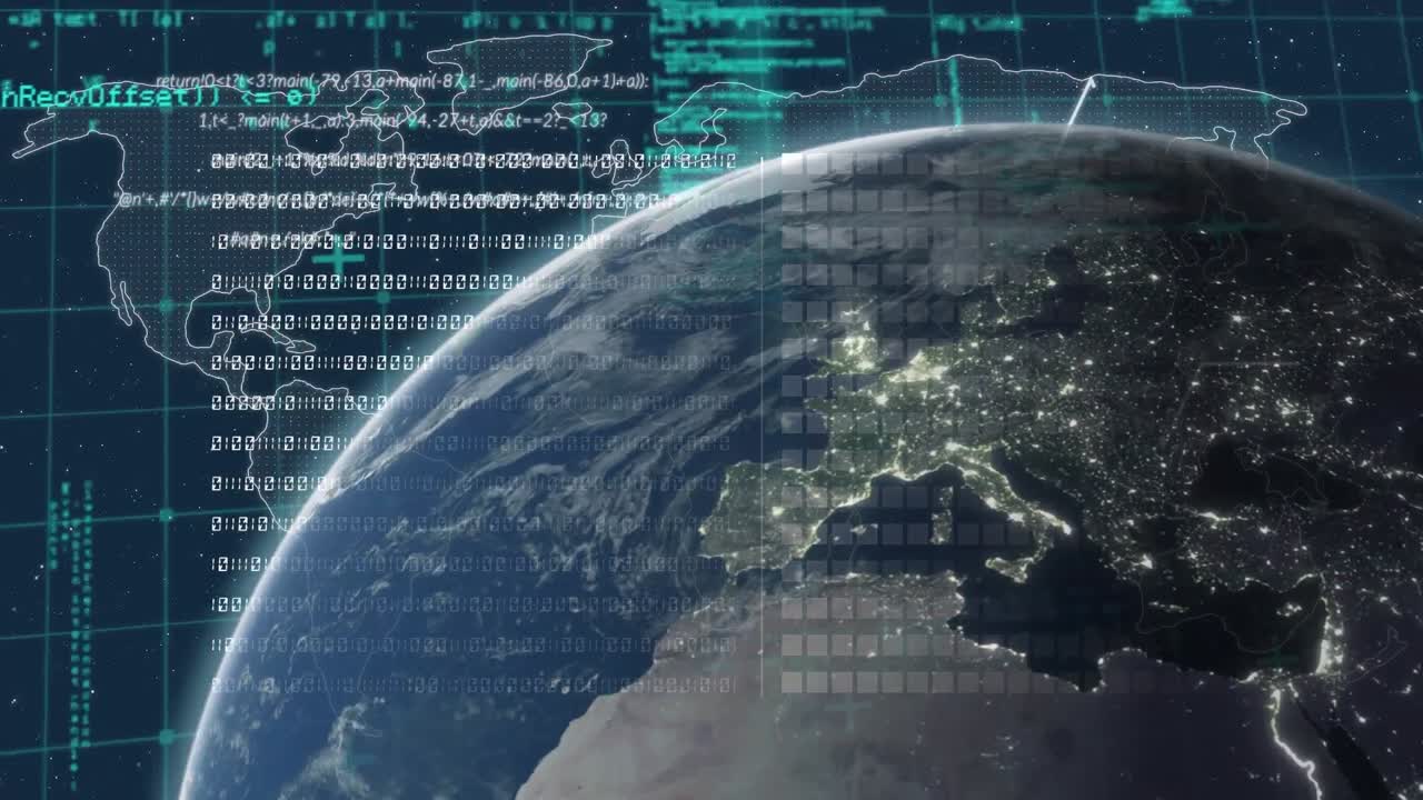 Animation of globe and financial data processing over black background