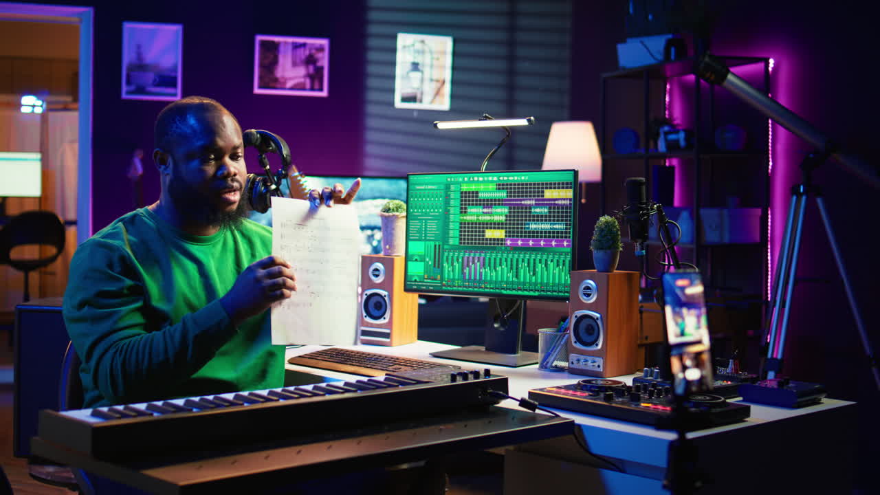 un talentoso compositor explicando las notas musicales durante una clase magistral en línea