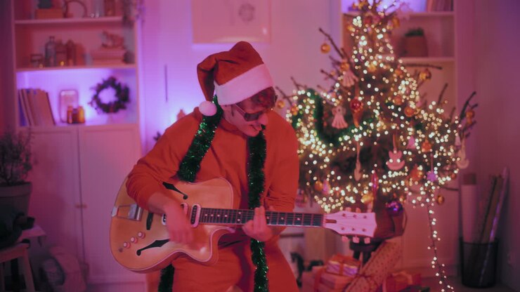 Cheerful man playing guitar at home during Christmas