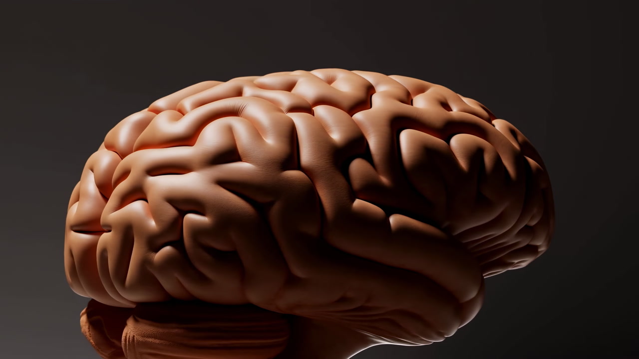 Closeup Human Brain Model Dark Studio Lighting With Soft Highlights On Gyri And Sulci, Highdetail Anatomy