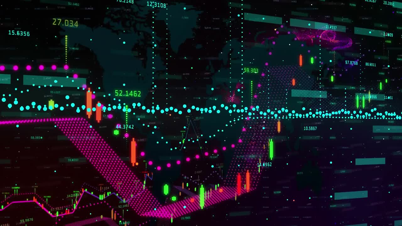 animación del procesamiento de datos financieros sobre el mapa del mundo en el fondo