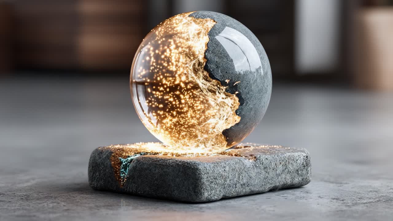 A Stunning Transformation of Light and Stone: Captivating Visuals in a Sphere's Journey from Fragmentation to Radiance