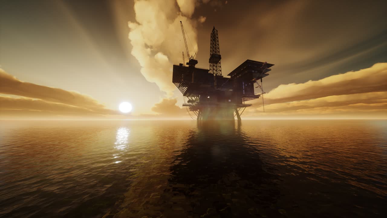 Offshore Jack Up Rig midt ude på havet ved solnedgang