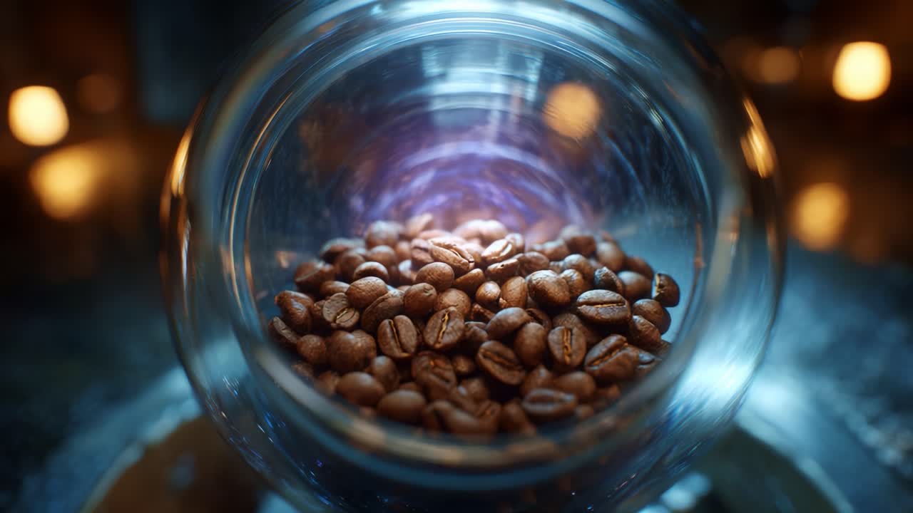 Primo piano di chicchi di caffè in un barattolo illuminato da luci soffuse, che cattura il colore intenso e le texture dei chicchi per un'esperienza invitante all'insegna del caffè