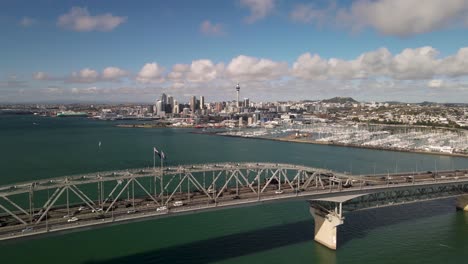 bird's eye view of auckland harbour bridge and city landscape of auckland near the port in new zealand